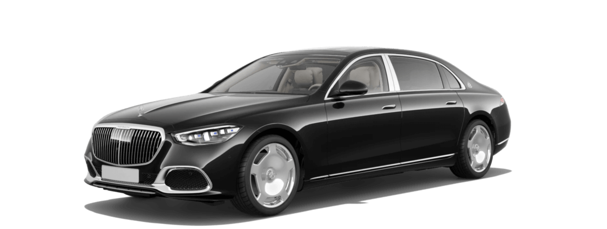 Seitenansicht einer schwarzen Mercedes-Maybach S-Klasse, Luxuslimousine von Platinum Shuttle.